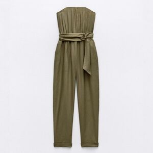 Zara Olive Green Linen Jumpsuit Strapless Belt Pleated Size XS New NWT